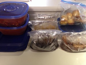 Meals prepared for the next few weeks going into the freezer.